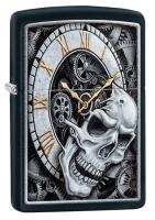 Зажигалка ZIPPO Часы и череп с черным матовым покрытием | Skull Clock Black Matte, латунь/сталь, чёрная, матовая, 38x13x57 мм