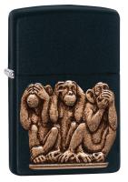 Зажигалка ZIPPO Три обезьяны с черным матовым покрытием | Three Monkeys Black Matte, латунь/сталь, чёрная, матовая, 38x13x57 мм