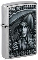 Зажигалка ZIPPO Grim Beauty с покрытием Street Chrome, латунь/сталь, серебристая, матовая, 38x13x57 мм