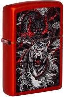 Зажигалка ZIPPO Дракон и тигр с металлизированным красным покрытием | Dragon Tiger Design Metallic Red, латунь/сталь, красная, 38x13x57 мм