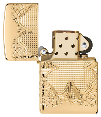 Зажигалка ZIPPO Armor® Счастливый клевер с глянцевым золотистым покрытием | Lucky Clover High Polish Gold Plate, латунь/сталь, золотистая, 38x13x57 мм