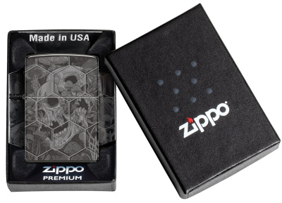 Зажигалка ZIPPO Грибы и черепа с черным глянцевым покрытием | Mushroom Skulls High Polish Black, латунь/сталь, черная, глянцевая, 38x13x57 мм