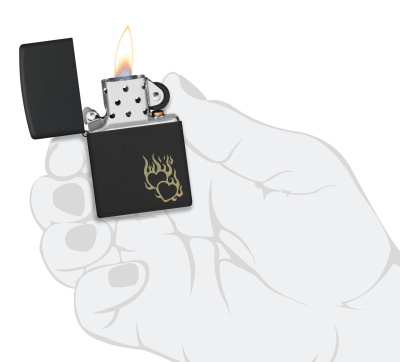 Зажигалка ZIPPO Сердца в огне с черным матовым покрытием | Fire Heart Black Matte, латунь/сталь, черная, матовая, 38x13x57 мм