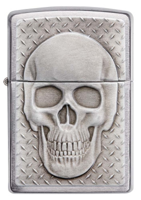 Зажигалка ZIPPO Череп с покрытием матовый хром | Skull Design Brushed Chrome, латунь/сталь, серебристая, 38x13x57 мм