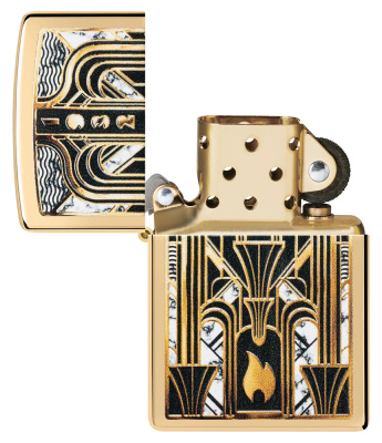 Зажигалка ZIPPO Пламя в стиле ар-деко с покрытием Глянцевая латунь | Art Deco Flame High Polish Brass, латунь/сталь, золотистая, 38x13x57мм