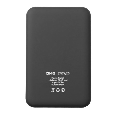 Универсальный аккумулятор Flash 5 (5000 мАч) с подсветкой и soft touch, черный, 9,8х6.3х1,3 см