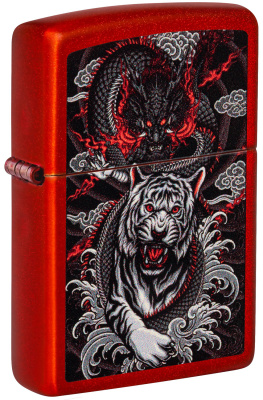 Зажигалка ZIPPO Дракон и тигр с металлизированным красным покрытием | Dragon Tiger Design Metallic Red, латунь/сталь, красная, 38x13x57 мм