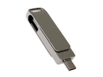 USB 2.0- флешка на 16 Гб поворотный механизм 2 в 1, c дополнительным разъемом Type-C с одноцветным металлическим клипом, серебристый , размер 16ГБ