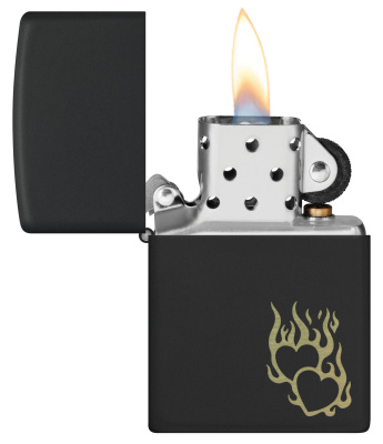 Зажигалка ZIPPO Сердца в огне с черным матовым покрытием | Fire Heart Black Matte, латунь/сталь, черная, матовая, 38x13x57 мм