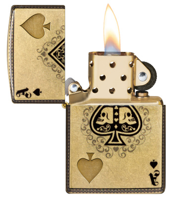 Зажигалка ZIPPO Ace of Skulls Design с покрытием 540 Tumbled Brass, латунь/сталь, золотистая, 38x13x57 мм
