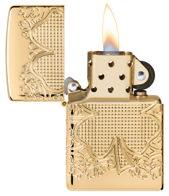 Зажигалка ZIPPO Armor® Счастливый клевер с глянцевым золотистым покрытием | Lucky Clover High Polish Gold Plate, латунь/сталь, золотистая, 38x13x57 мм