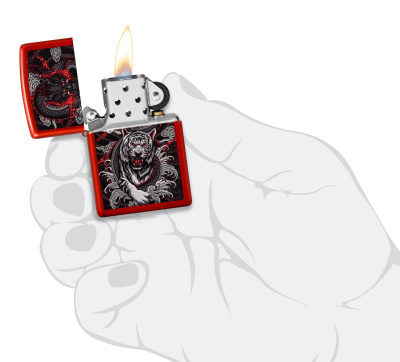 Зажигалка ZIPPO Дракон и тигр с металлизированным красным покрытием | Dragon Tiger Design Metallic Red, латунь/сталь, красная, 38x13x57 мм