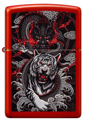 Зажигалка ZIPPO Дракон и тигр с металлизированным красным покрытием | Dragon Tiger Design Metallic Red, латунь/сталь, красная, 38x13x57 мм