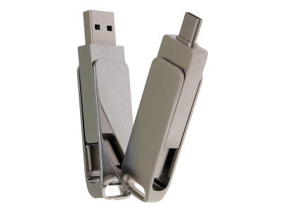 USB 2.0- флешка на 16 Гб поворотный механизм 2 в 1, c дополнительным разъемом Type-C с одноцветным металлическим клипом, серый , размер 16ГБ