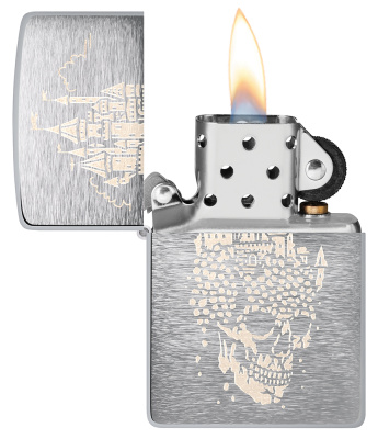 Зажигалка ZIPPO Замок черепа с покрытием матовый хром | Skull Castle Design Brushed Chrome, латунь/сталь, серебристая, 38x13x57 мм