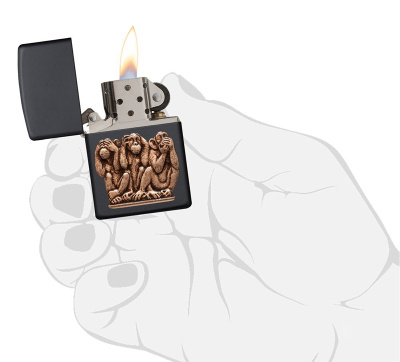 Зажигалка ZIPPO Три обезьяны с черным матовым покрытием | Three Monkeys Black Matte, латунь/сталь, чёрная, матовая, 38x13x57 мм