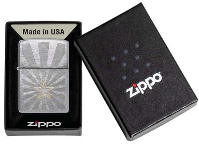 Зажигалка ZIPPO Звезда с покрытием матовый хром | Star Design Brushed Chrome, латунь/сталь, серебристая, 36x13x57 мм