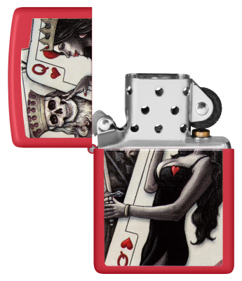 Зажигалка ZIPPO Король скелетов и королева красоты с красным матовым покрытием | Skull King Queen Beauty Red Matte, латунь/сталь, красная, 38x13x57 мм