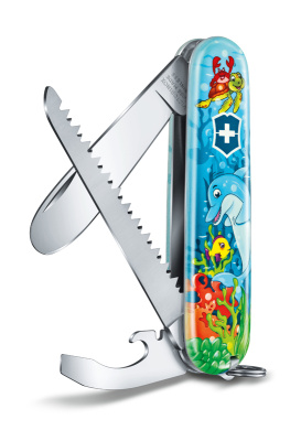 Набор для детей VICTORINOX "Дельфин": перочинный нож 84 мм, шнурок на шею, книга-раскраска, голубой