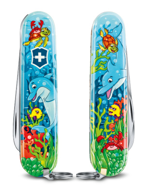Набор для детей VICTORINOX "Дельфин": перочинный нож 84 мм, шнурок на шею, книга-раскраска, голубой
