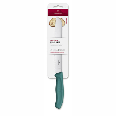 Нож для хлеба VICTORINOX Швейцарская классика | Swiss Classic, лезвие 21 см с волнистой кромкой, зелёный, в блистере