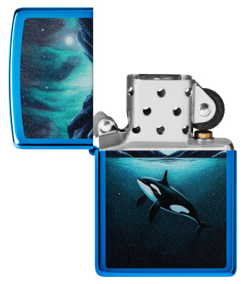 Зажигалка ZIPPO Кит с глянцевым синим покрытием | Whale High Polish Blue, латунь/сталь, синяя, глянцевая, 38x13x57 мм