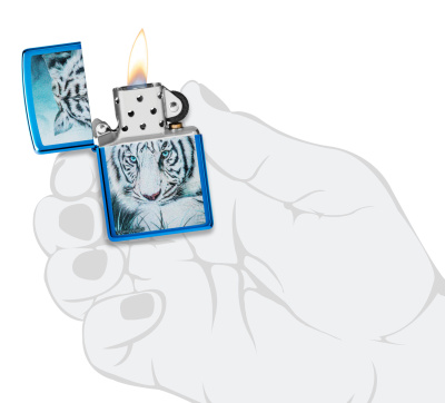 Зажигалка ZIPPO Белый тигр с глянцевым синим покрытием | White Tiger High Polish Blue, латунь/сталь, синяя, глянцевая, 38x13x57 мм
