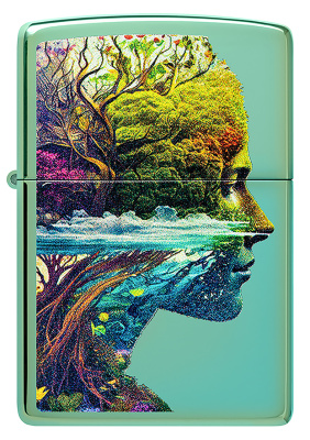 Зажигалка ZIPPO Единение с природой с зеленым глянцевым покрытием | One with Nature Design High Polish Green, латунь/сталь, зеленая, 38x13x57 мм