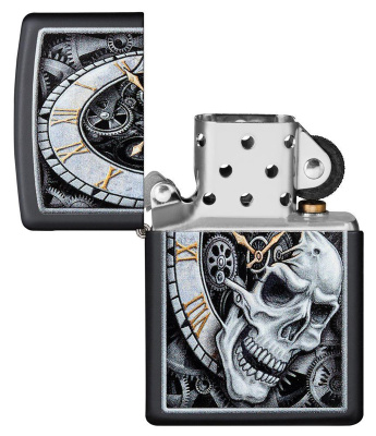 Зажигалка ZIPPO Часы и череп с черным матовым покрытием | Skull Clock Black Matte, латунь/сталь, чёрная, матовая, 38x13x57 мм