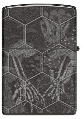 Зажигалка ZIPPO Грибы и черепа с черным глянцевым покрытием | Mushroom Skulls High Polish Black, латунь/сталь, черная, глянцевая, 38x13x57 мм