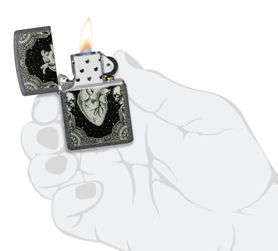 Зажигалка ZIPPO Сердце с каменным покрытием | Heart Design Iron Stone, латунь/сталь, серая, 38x13x57 мм