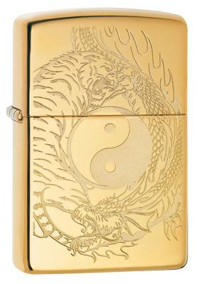 Зажигалка ZIPPO Тигр и дракон с покрытием Глянцевая латунь | Tiger and Dragon High Polish Brass, латунь/сталь, золотистая, 38x13x57мм