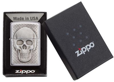 Зажигалка ZIPPO Череп с покрытием матовый хром | Skull Design Brushed Chrome, латунь/сталь, серебристая, 38x13x57 мм