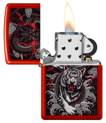 Зажигалка ZIPPO Дракон и тигр с металлизированным красным покрытием | Dragon Tiger Design Metallic Red, латунь/сталь, красная, 38x13x57 мм