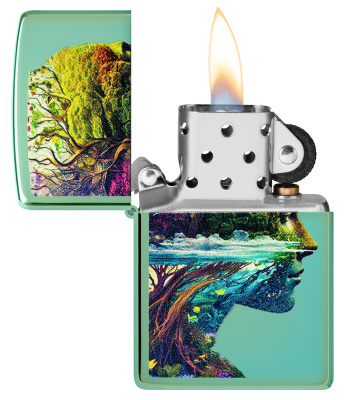 Зажигалка ZIPPO Единение с природой с зеленым глянцевым покрытием | One with Nature Design High Polish Green, латунь/сталь, зеленая, 38x13x57 мм