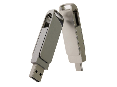 USB 2.0- флешка на 16 Гб поворотный механизм 2 в 1, c дополнительным разъемом Type-C с одноцветным металлическим клипом, серый , размер 16ГБ