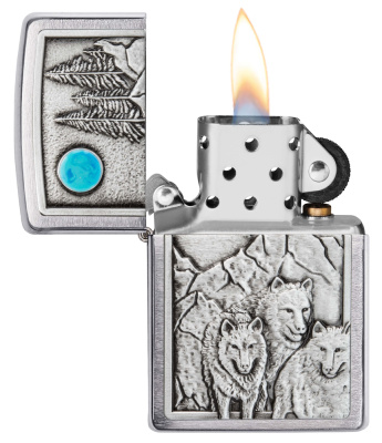 Зажигалка ZIPPO Волки с покрытием матовый хром | Wolf Design Brushed Chrome, латунь/сталь, серебристая, 38x13x57 мм