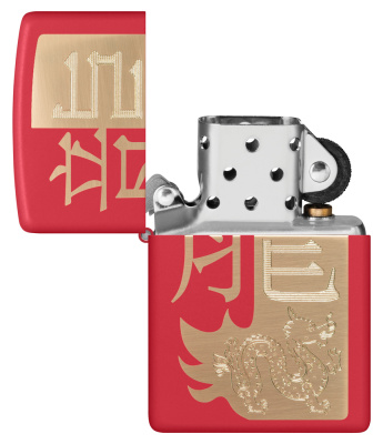 Зажигалка ZIPPO Год дракона 2024 с красным матовым покрытием | Year of the Dragon 2024 Red Matte, латунь/сталь, красная, 38x13x57 мм