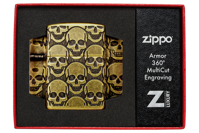 Зажигалка ZIPPO Armor® Ухмыляющиеся черепушки с покрытием античная латунь | Cackling Cranium Antique Brass, латунь/сталь, золотистая, матовая, 38x13x5