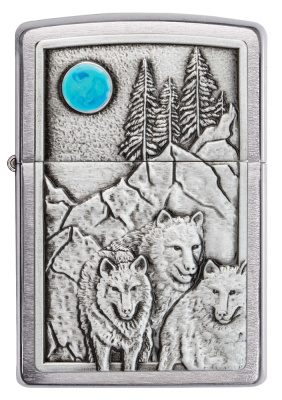 Зажигалка ZIPPO Волки с покрытием матовый хром | Wolf Design Brushed Chrome, латунь/сталь, серебристая, 38x13x57 мм