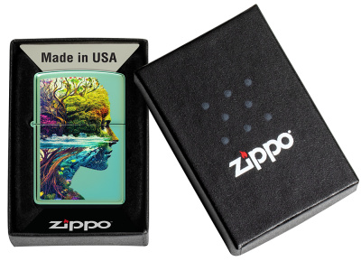 Зажигалка ZIPPO Единение с природой с зеленым глянцевым покрытием | One with Nature Design High Polish Green, латунь/сталь, зеленая, 38x13x57 мм