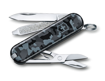 Нож-брелок VICTORINOX Classic SD Navy Camouflage, 58 мм, 7 функций, серо-синий камуфляж