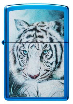 Зажигалка ZIPPO Белый тигр с глянцевым синим покрытием | White Tiger High Polish Blue, латунь/сталь, синяя, глянцевая, 38x13x57 мм