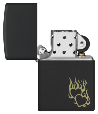 Зажигалка ZIPPO Сердца в огне с черным матовым покрытием | Fire Heart Black Matte, латунь/сталь, черная, матовая, 38x13x57 мм