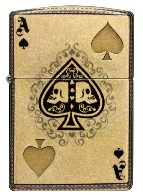 Зажигалка ZIPPO Ace of Skulls Design с покрытием 540 Tumbled Brass, латунь/сталь, золотистая, 38x13x57 мм
