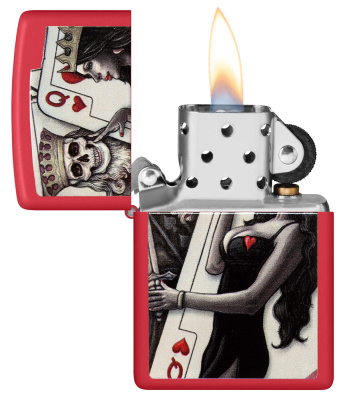Зажигалка ZIPPO Король скелетов и королева красоты с красным матовым покрытием | Skull King Queen Beauty Red Matte, латунь/сталь, красная, 38x13x57 мм