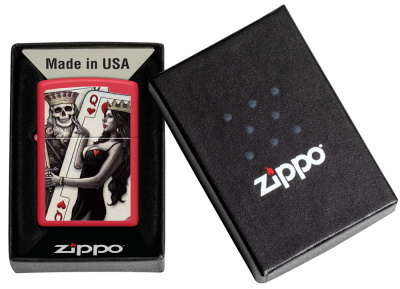 Зажигалка ZIPPO Король скелетов и королева красоты с красным матовым покрытием | Skull King Queen Beauty Red Matte, латунь/сталь, красная, 38x13x57 мм