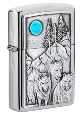 Зажигалка ZIPPO Волки с покрытием матовый хром | Wolf Design Brushed Chrome, латунь/сталь, серебристая, 38x13x57 мм