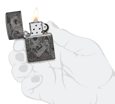 Зажигалка ZIPPO Грибы и черепа с черным глянцевым покрытием | Mushroom Skulls High Polish Black, латунь/сталь, черная, глянцевая, 38x13x57 мм