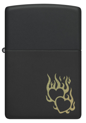 Зажигалка ZIPPO Сердца в огне с черным матовым покрытием | Fire Heart Black Matte, латунь/сталь, черная, матовая, 38x13x57 мм